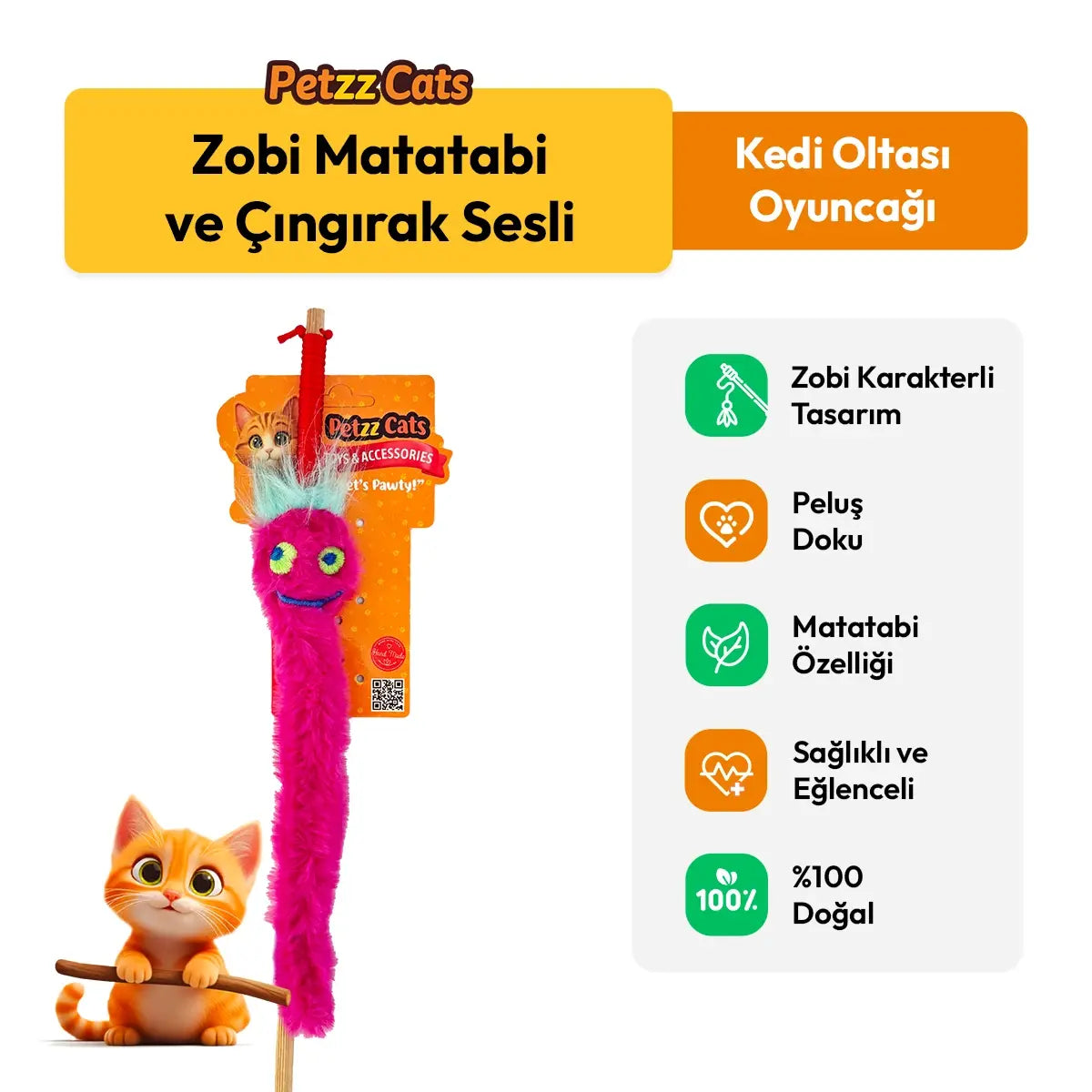 PetzzCats Zobi Matatabi ve Çıngırak Sesli Kedi Oltası Oyuncağı Pembe 42 Cm - Kedi Oyuncağı