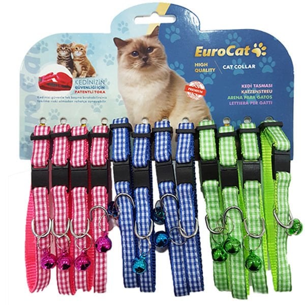 Eurocat Renkli Ekoseli Kedi Boyun Tasması 12 Adet 10 Mm 28 Cm - Kedi Tasması
