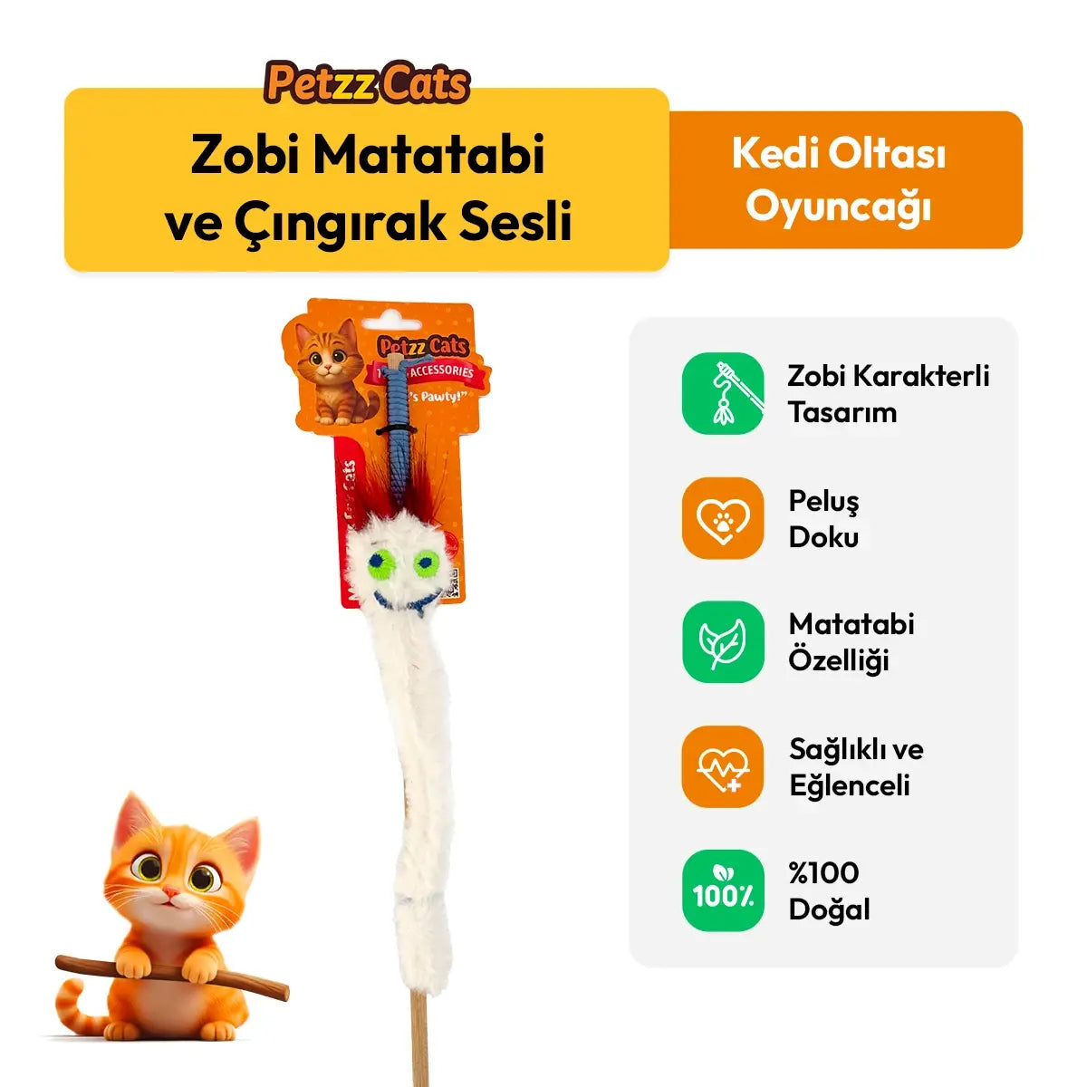 PetzzCats Zobi Matatabi ve Çıngırak Sesli Kedi Oltası Oyuncağı Beyaz 42 Cm - Kedi Oyuncağı