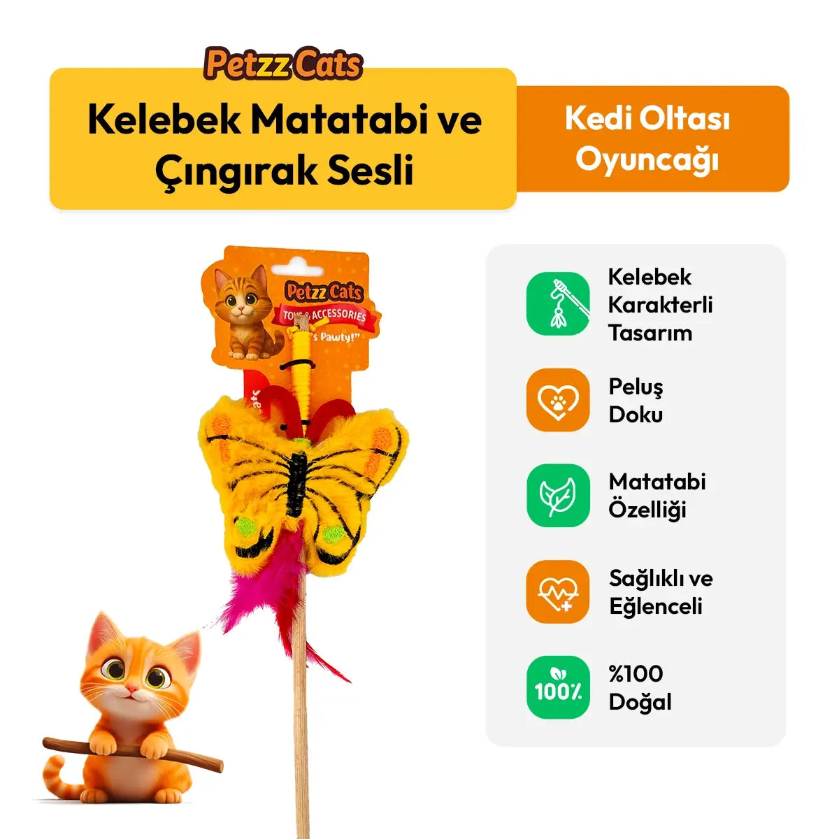 PetzzCats Kelebek Matatabi ve Çıngırak Sesli Kedi Oltası Oyuncağı Sarı 42 Cm - Kedi Oyuncağı