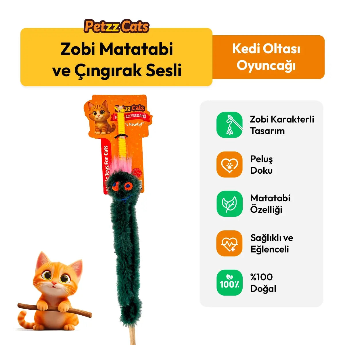 PetzzCats Zobi Matatabi ve Çıngırak Sesli Kedi Oltası Oyuncağı Yeşil 42 Cm - Kedi Oyuncağı