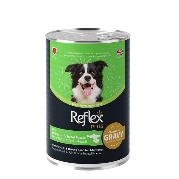 Reflex Plus Sos İçinde Beyaz Balıklı ve Tatlı Patatesli Yetişkin Konserve Köpek Maması 1 Adet 400 Gr - Konserve Köpek Maması