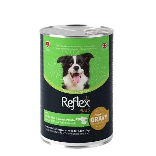 Reflex Plus Sos İçinde Beyaz Balıklı ve Tatlı Patatesli Yetişkin Konserve Köpek Maması 1 Adet 400 Gr - Konserve Köpek Maması
