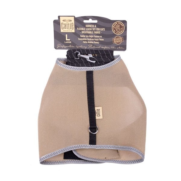 Cattie Havalı Dokuma Kedi Göğüs ve Gezdirme Takımı Large Bej 1.5x30-40 Cm - Kedi Tasması