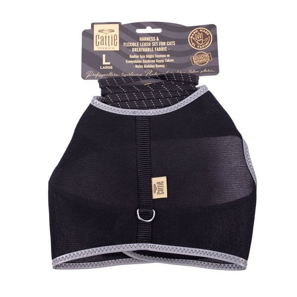 Cattie Havalı Dokuma Kedi Göğüs ve Gezdirme Takımı Large Siyah 1.5x30-40 Cm - Kedi Tasması