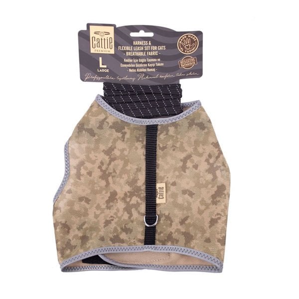 Cattie Havalı Dokuma Kedi Göğüs ve Gezdirme Takımı Large Kamuflaj 1.5x30-40 Cm - Kedi Tasması