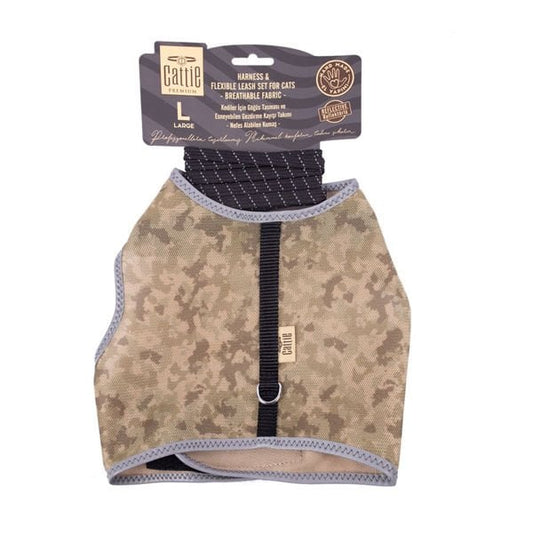 Cattie Havalı Dokuma Kedi Göğüs ve Gezdirme Takımı Large Kamuflaj 1.5x30-40 Cm - Kedi Tasması