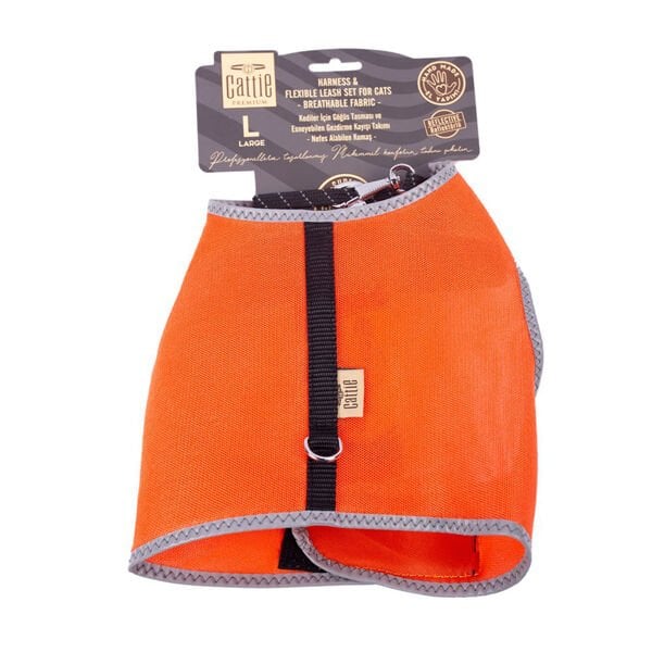 Cattie Havalı Dokuma Kedi Göğüs ve Gezdirme Takımı Large Turuncu 1.5x30-40 Cm - Kedi Tasması