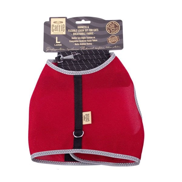 Cattie Havalı Dokuma Kedi Göğüs ve Gezdirme Takımı Large Kırmızı 1.5x30-40 Cm - Kedi Tasması