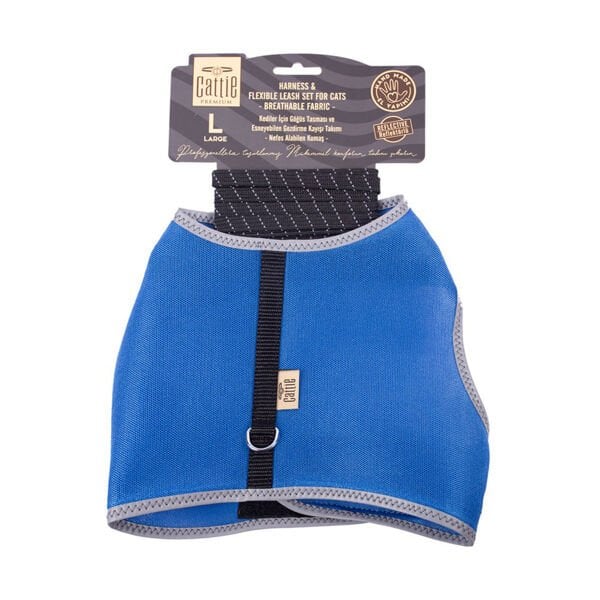 Cattie Havalı Dokuma Kedi Göğüs ve Gezdirme Takımı Large Royal Mavi 1.5x30-40 Cm - Kedi Tasması