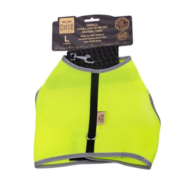 Cattie Havalı Dokuma Kedi Göğüs ve Gezdirme Takımı Large Sarı 1.5x30-40 Cm - Kedi Tasması