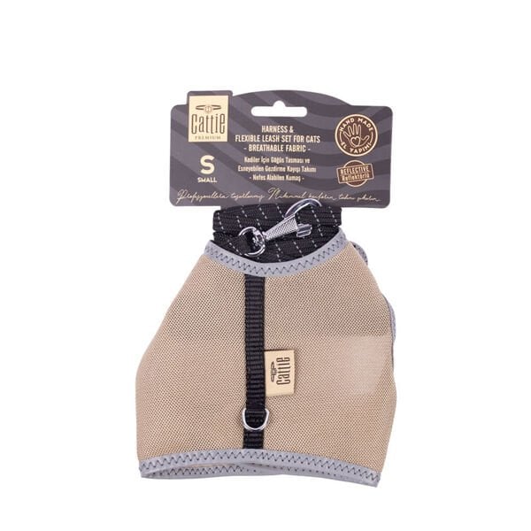 Cattie Havalı Dokuma Kedi Göğüs ve Gezdirme Takımı Small Bej 1x20-30 Cm - Kedi Tasması