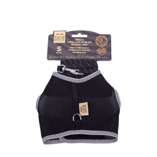 Cattie Havalı Dokuma Kedi Göğüs ve Gezdirme Takımı Small Siyah 1x20-30 Cm - Kedi Tasması
