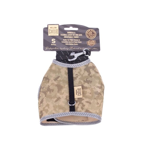 Cattie Havalı Dokuma Kedi Göğüs ve Gezdirme Takımı Small Kamuflaj 1x20-30 Cm - Kedi Tasması