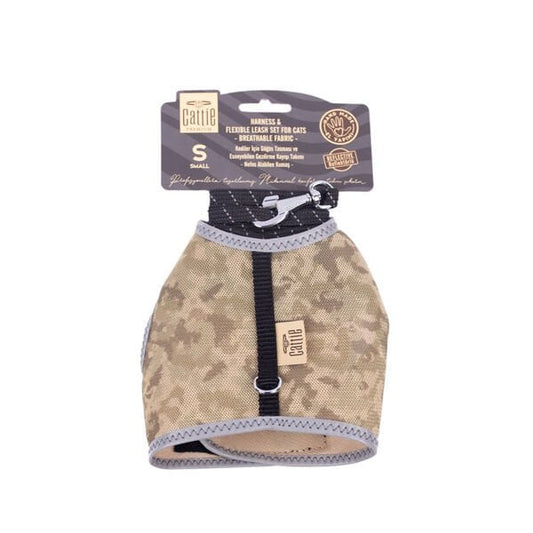 Cattie Havalı Dokuma Kedi Göğüs ve Gezdirme Takımı Small Kamuflaj 1x20-30 Cm - Kedi Tasması