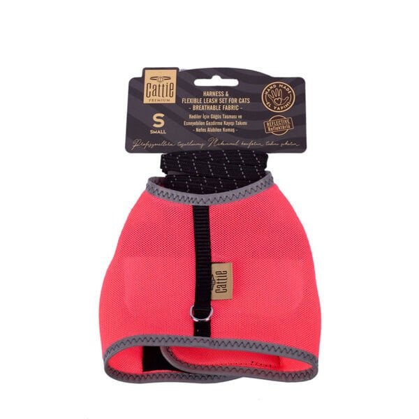Cattie Havalı Dokuma Kedi Göğüs ve Gezdirme Takımı Small Pembe 1x20-30 Cm - Kedi Tasması