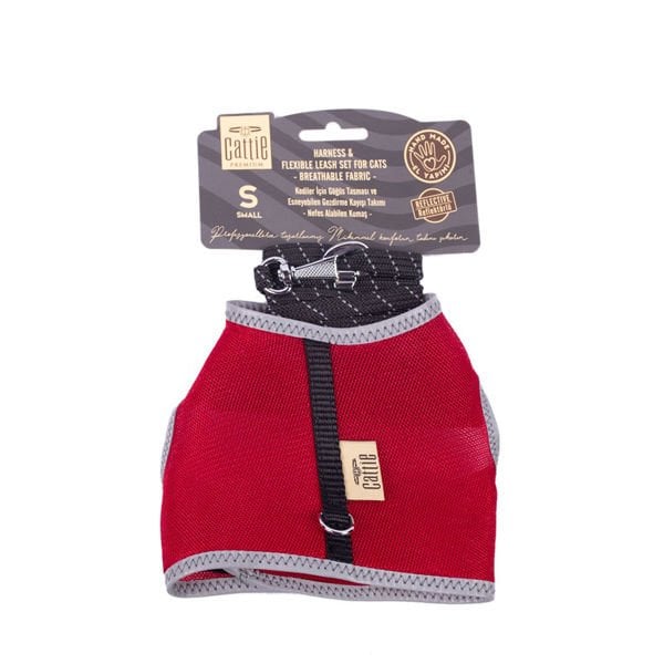 Cattie Havalı Dokuma Kedi Göğüs ve Gezdirme Takımı Small Kırmızı 1x20-30 Cm - Kedi Tasması