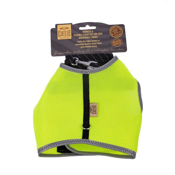 Cattie Havalı Dokuma Kedi Göğüs ve Gezdirme Takımı Medium Sarı 1x25-35 Cm - Kedi Tasması