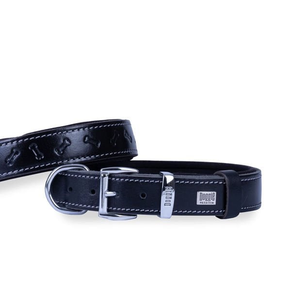 Doggie Comfort Deri Kemik Desenli Köpek Boyun Tasması Medium Siyah 2.5x37-45 Cm - Köpek Tasması