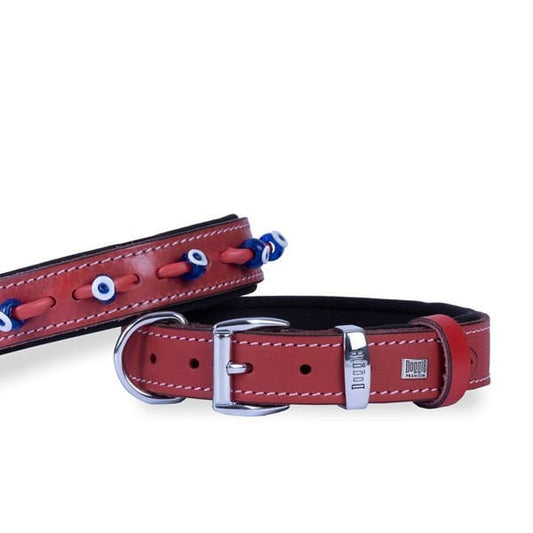 Doggie Comfort Deri Nazar Boncuklu Köpek Boyun Tasması Medium Kırmızı 3x42-50 Cm - Köpek Tasması