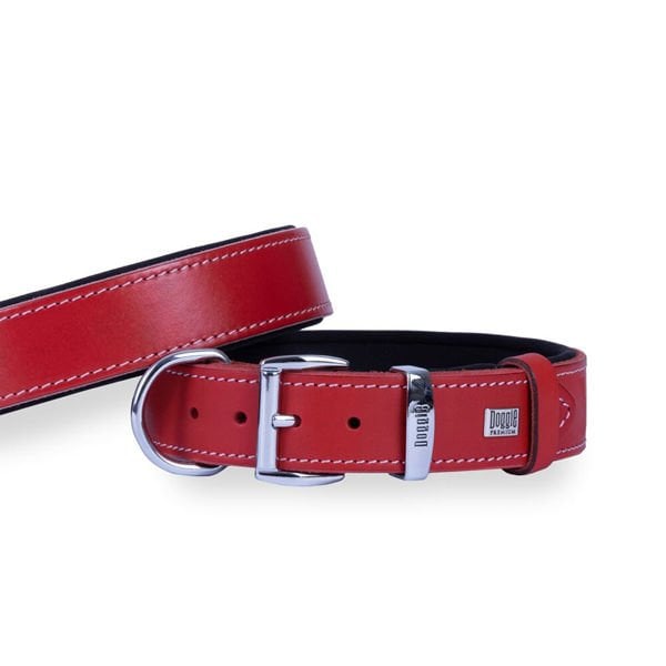 Doggie Konfor Deri Köpek Boyun Tasması Medium Kırmızı 3.5x52 60 Cm - Köpek Tasması