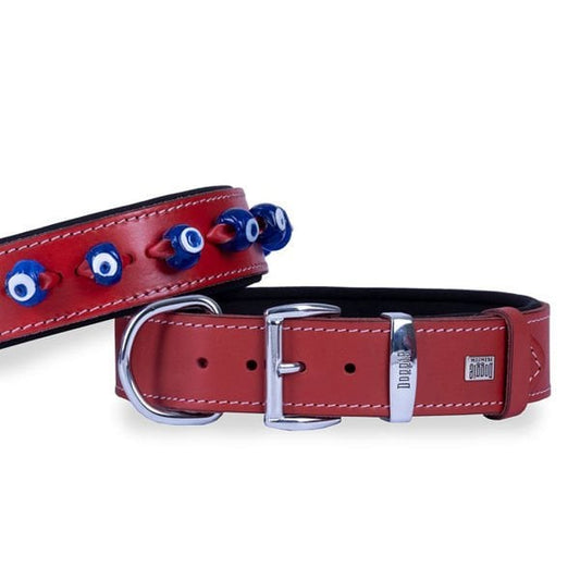 Doggie Comfort Deri Nazar Boncuklu Köpek Boyun Tasması Large Kırmızı 4x57-65 Cm - Köpek Tasması