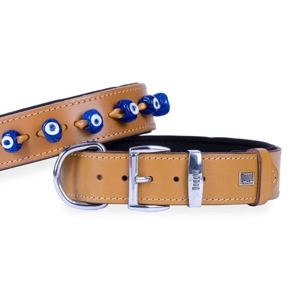 Doggie Comfort Deri Nazar Boncuklu Köpek Boyun Tasması Medium Camel 4x52-60 Cm - Köpek Tasması